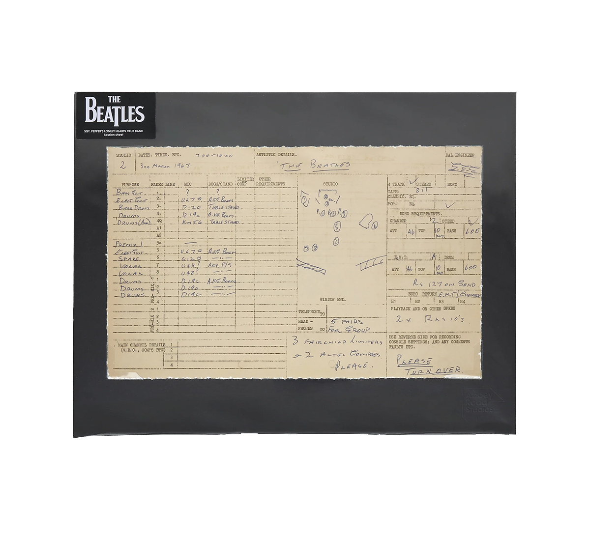 The Beatles Hoja de sesión de grabación Sgt. Pepper's Lonely Hearts Club Band' Session Sheet