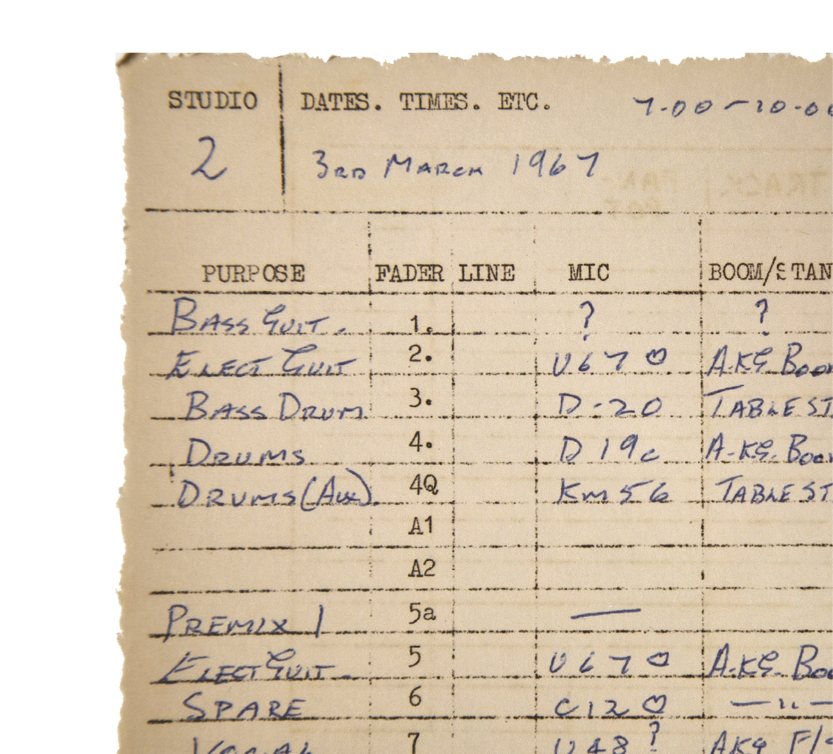 The Beatles Hoja de sesión de grabación Sgt. Pepper's Lonely Hearts Club Band' Session Sheet